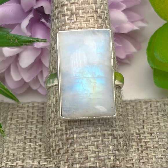 Artisan Jewelry - Pure Sterling Silver 925 Rainbow Moonstone Ring Size 9 1/4 9.25 Boho Southwest